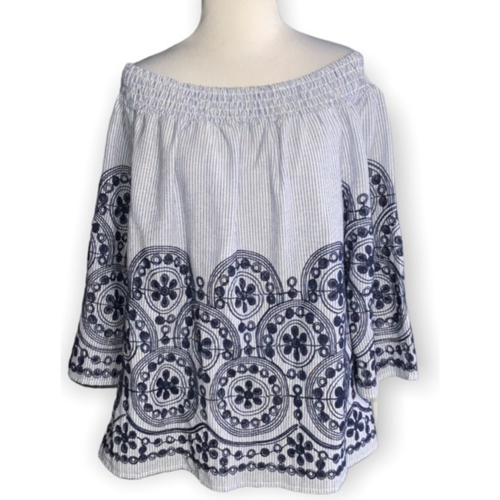Unique Spectrum Blue & White Stripe Embroidered Off Shoulder Flowy Top XL